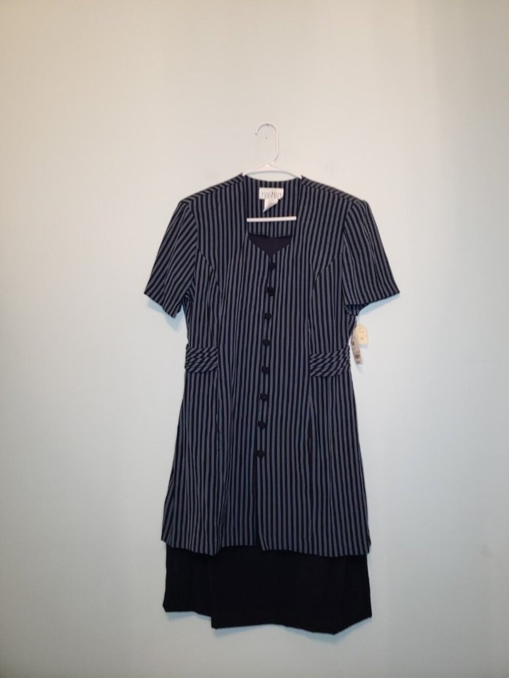 Miss Dorby Womens Petite 14P Dress Short Sleeve Navy Blue Stripe Buttons NWT